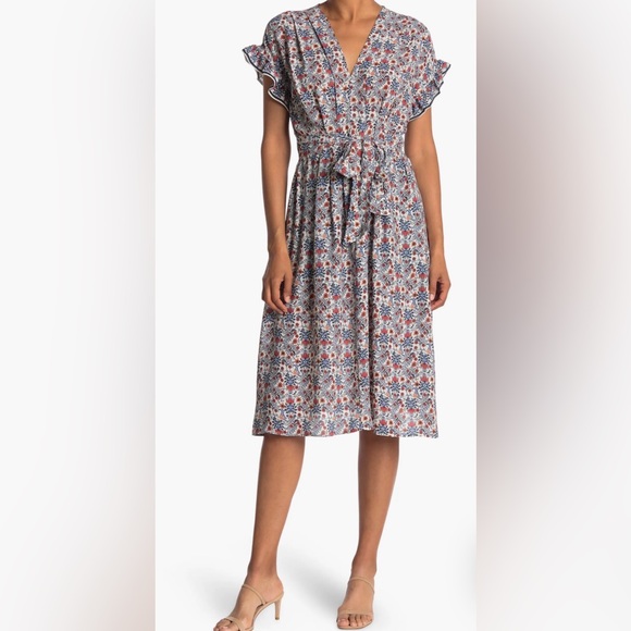 Max Studio Dresses & Skirts - Max Studio Floral Ruffle Sleeve Midi Dress - Blue and orange size Medium